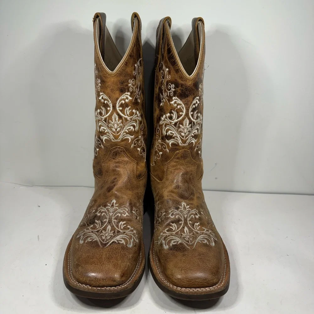 BSY1958 Old West Girl's Youth Square Toe Leather Western Boot Brown Size 7 - Picture 2 of 9